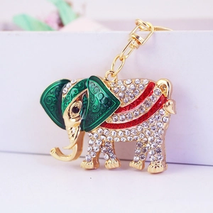 Exotic Thai elephant keychain with colorful rhinestones and green enamel on gold alloy