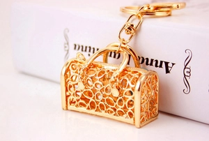 Detailed close-up of golden hollowed-out handbag keychain with floral pattern texture