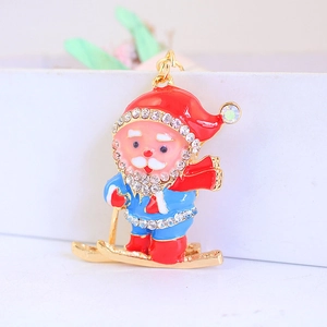 Cute Skiing Santa Claus Zinc Alloy Keychain With Rhinestone Enamel Christmas Gift Pendant Keyring For Car Bag Women Jewelry