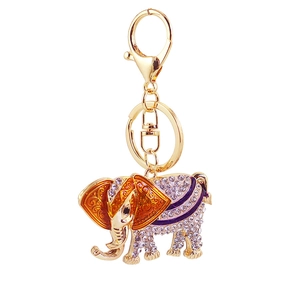 Colorful crystal elephant keychain with purple rhinestones and orange enamel gold plating