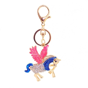 Porte-clés licorne en cristal scintillant avec ailes roses et queue bleue sur or