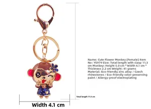 Detailed size specifications of cute monkey keychain with rhinestones and blue dress