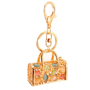 Golden handbag keychain with colorful opal stones and sparkling crystal rhinestones