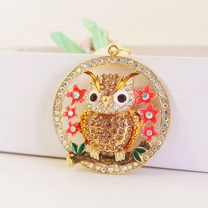 Exquisite owl pendant keychain with brown and white rhinestones on golden metal base