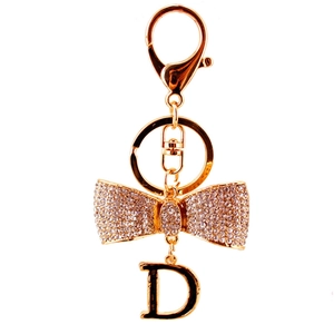Porte-clés doré avec nœud en strass et pendentif lettre D pour accessoires de sac