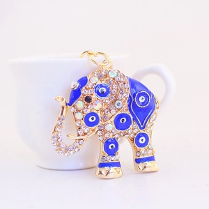 Golden elephant evil eye keychain with blue enamel and sparkling crystal rhinestones