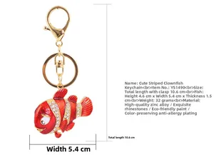 Détails du porte-clés poisson-clown en émail rouge et strass montrant les dimensions
