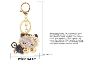 Detailed size and material guide for a cute rhinestone cat keychain with gold finish