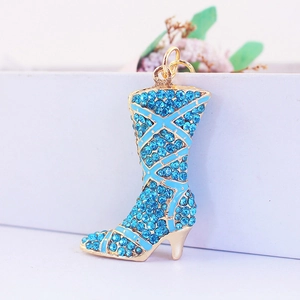 Creative crystal high heel boot keychain pendant with blue rhinestones and gold metal