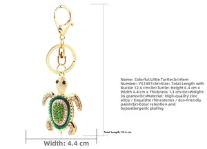 Dimensions détaillées du porte-clés tortue de mer colorée avec strass verts et alliage d'or