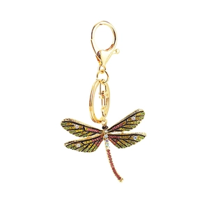 Creative dragonfly keychain with colorful rhinestones on a gold-plated metal base