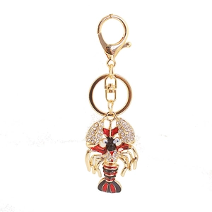 Porte-clés homard en cristal étincelant avec émail rouge et anneau en métal doré chic