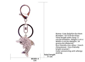 Detailed view of dolphin keychain size with dimensions 5x4 cm and zinc alloy material