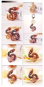 Detailed views of crystal snake keychains in purple and gold displayed in various lifestyle settings