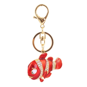 Porte-clés poisson-clown mignon avec émail rouge, base dorée et strass brillants