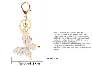 Detailed view of rhinestone butterfly keychain with gold zinc alloy lobster clasp