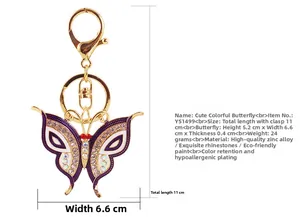 Detailed size chart of purple butterfly keychain with dimensions 5.2x6.6cm in zinc alloy