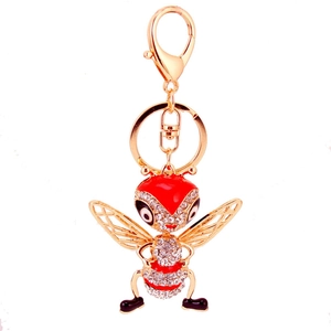 Porte-clés abeille créatif en alliage doré avec strass et émail rouge brillant