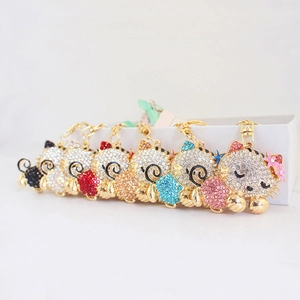 Cartoon Sleeping Cat Metal Keychain Sparkling Rhinestone Encrusted Flower Kitten Pendant Gold Plated Bag Charm For Women