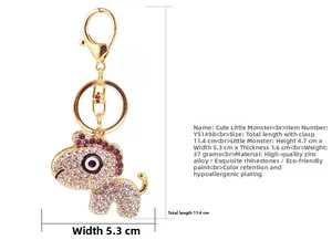 Dimensions détaillées du porte-clés monstre en strass avec fermoir mousqueton doré