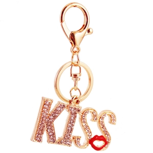 Portachiavi KISS creativo con strass rosa e ciondolo a labbra su anello in metallo