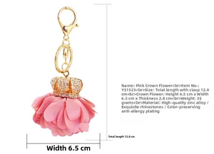 Detail showing pink crown flower keychain with rhinestones and lobster clasp