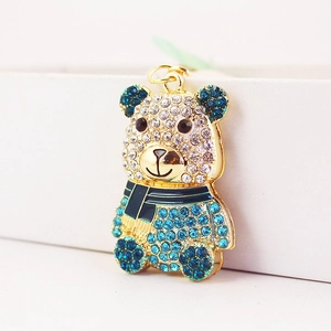 Portachiavi a forma di panda con strass blu e base dorata per borse e accessori