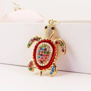 Porte-clés tortue marine colorée avec strass et anneau doré pour sacs et clés
