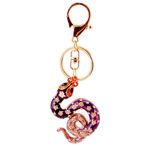 Cute purple rhinestone snake keychain with gold-plated lobster clasp for bags and keys