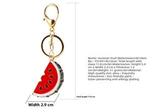 Detailed size specifications for the summer watermelon keychain with red crystals