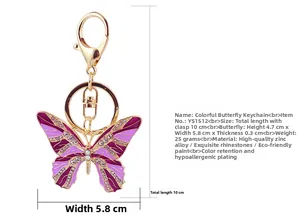 Detail view of purple rhinestone butterfly keychain with dimensions and specifications