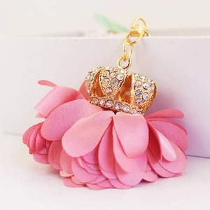 Rhinestone Gold Crown Pink Satin Flower Keychain For Women Car Key Ring Bag Pendant Decoration Elegant Jewelry Gift