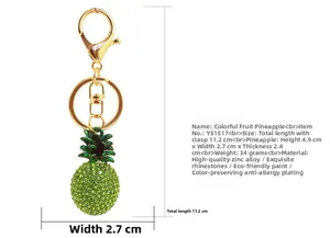 Detailed dimensions of the green rhinestone pineapple keychain with golden metal clasp