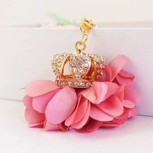 Elegant pink crown flower keychain with gold metal lobster clasp and clear rhinestones