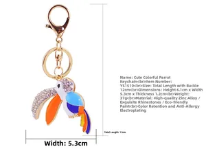 Detailed macro view of the colorful enamel and sparkling rhinestones on the parrot keychain