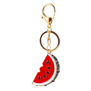 Cute watermelon slice keychain with red enamel, green rind and sparkling black rhinestones