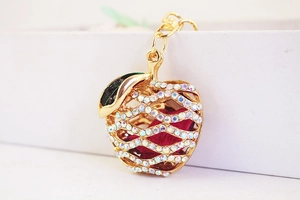 Detail view of rhinestone apple keychain with gold metal frame and red dried flowers
