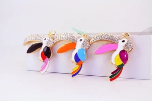 Detail of colorful hummingbird keychains with crystals and vibrant enamel finishes