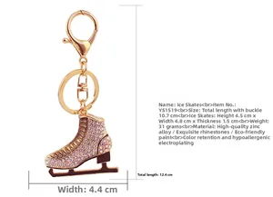 Detailed view of rhinestone ice skate keychain with precise size measurement markings