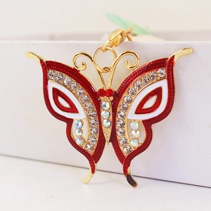 Colorful butterfly keychain with red white enamel and sparkling rhinestones for bags