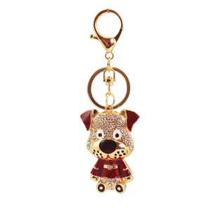 Porte-clés chiot dalmatien mignon avec cristaux brillants et émail rouge doré