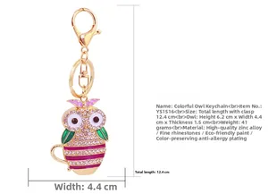 Detailed dimensions of owl teacup keychain featuring sparkling rhinestones and enamel wings