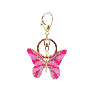 Pink and purple butterfly car keychain with rhinestones on a gold metal lobster clasp