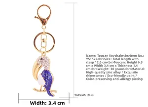 Détail du porte-clés toucan en strass de 6,3x3,4cm avec indications de taille et mesures