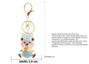 Detailed dimensions of the rhinestone bow knot bear keychain in blue and gold finish