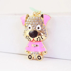 Porte-clés dalmatien mignon avec cristaux étincelants et émail rose en alliage doré