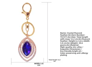 Detailed size specifications of a peacock crystal keychain with dimensions