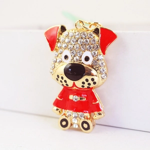 Mignon porte-clés chien en émail rouge avec strass blancs brillants et finition dorée