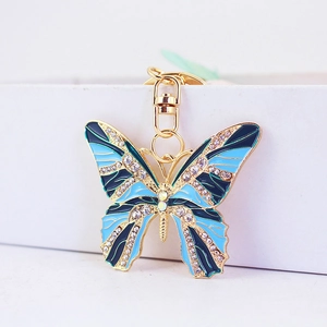 Exquisite blue butterfly keychain with rhinestones and gold-plated lobster clasp for bags