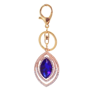 Peacock feather keychain with blue marquise crystal and sparkling rhinestone halo